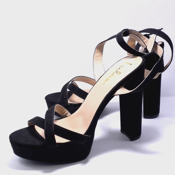 Merona Lulu Women’s Black Heels Platfoform Size 6.5 Open Toe Ankle Strap Suede - Picture 5 of 8